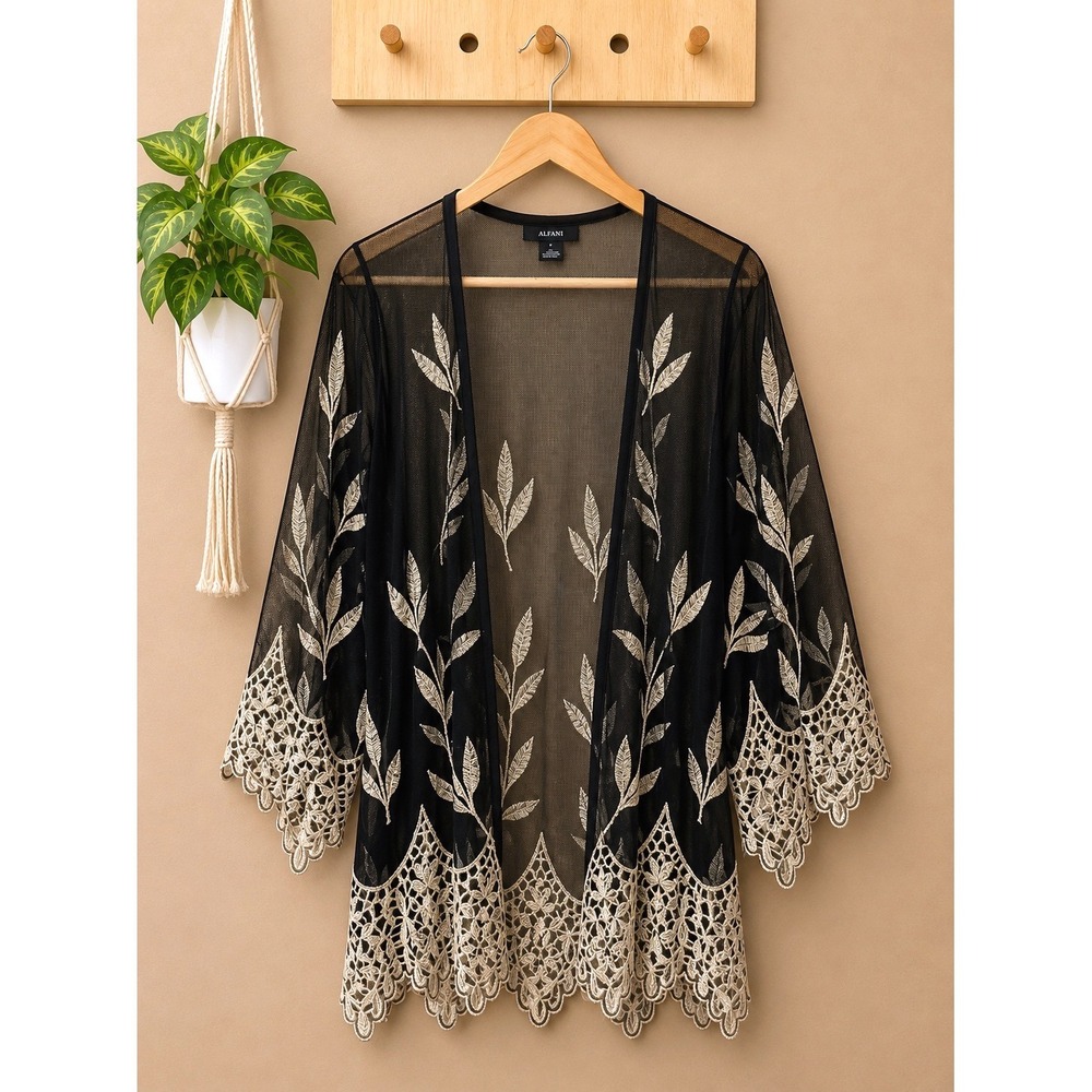 Alfani Womens Black Mesh Kimono Cardigan Gold Metallic‎ Leaf Embroidery Lace L
